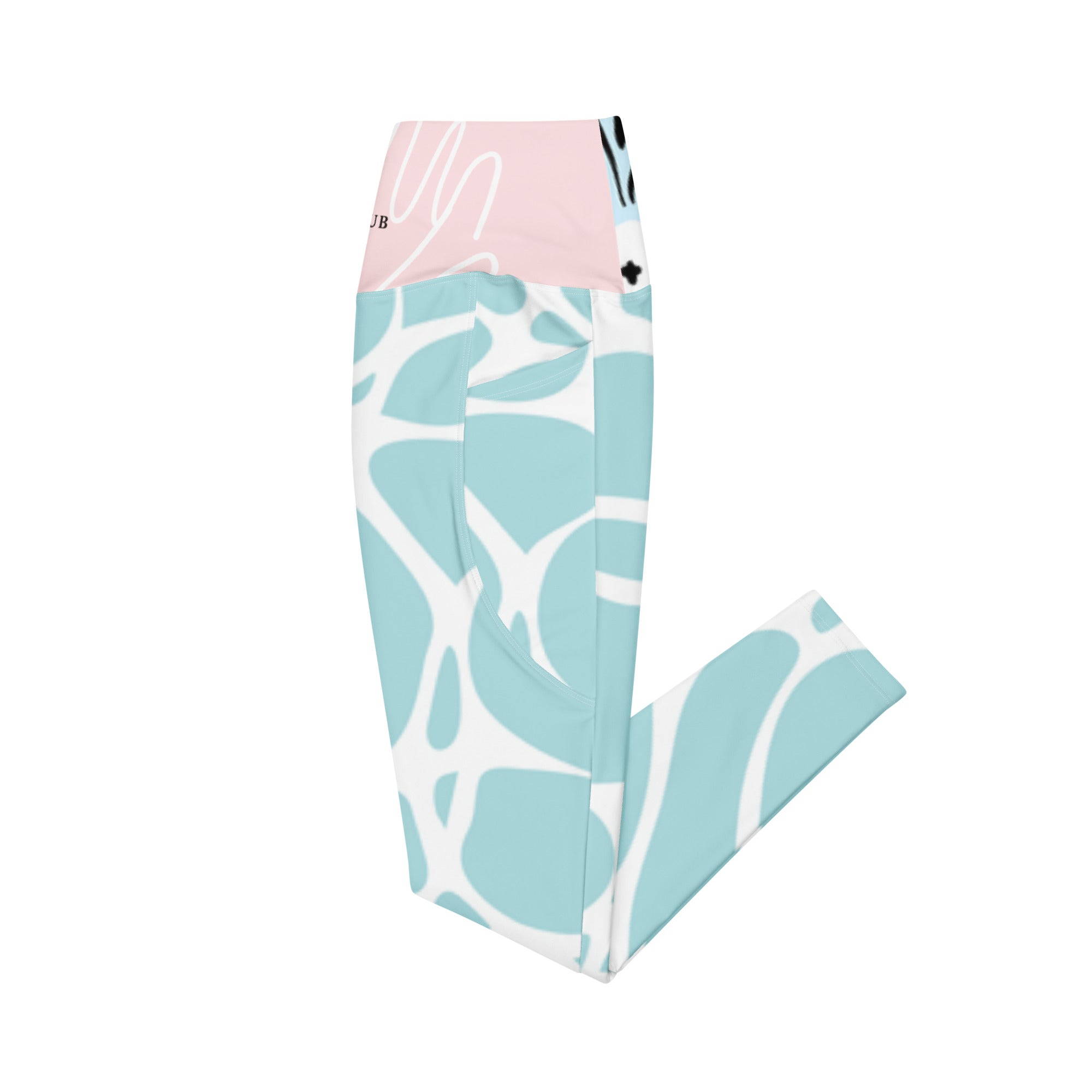 Leggings AQUA PINK turquoise à motif abstrait blanc et rose, coutures latérales