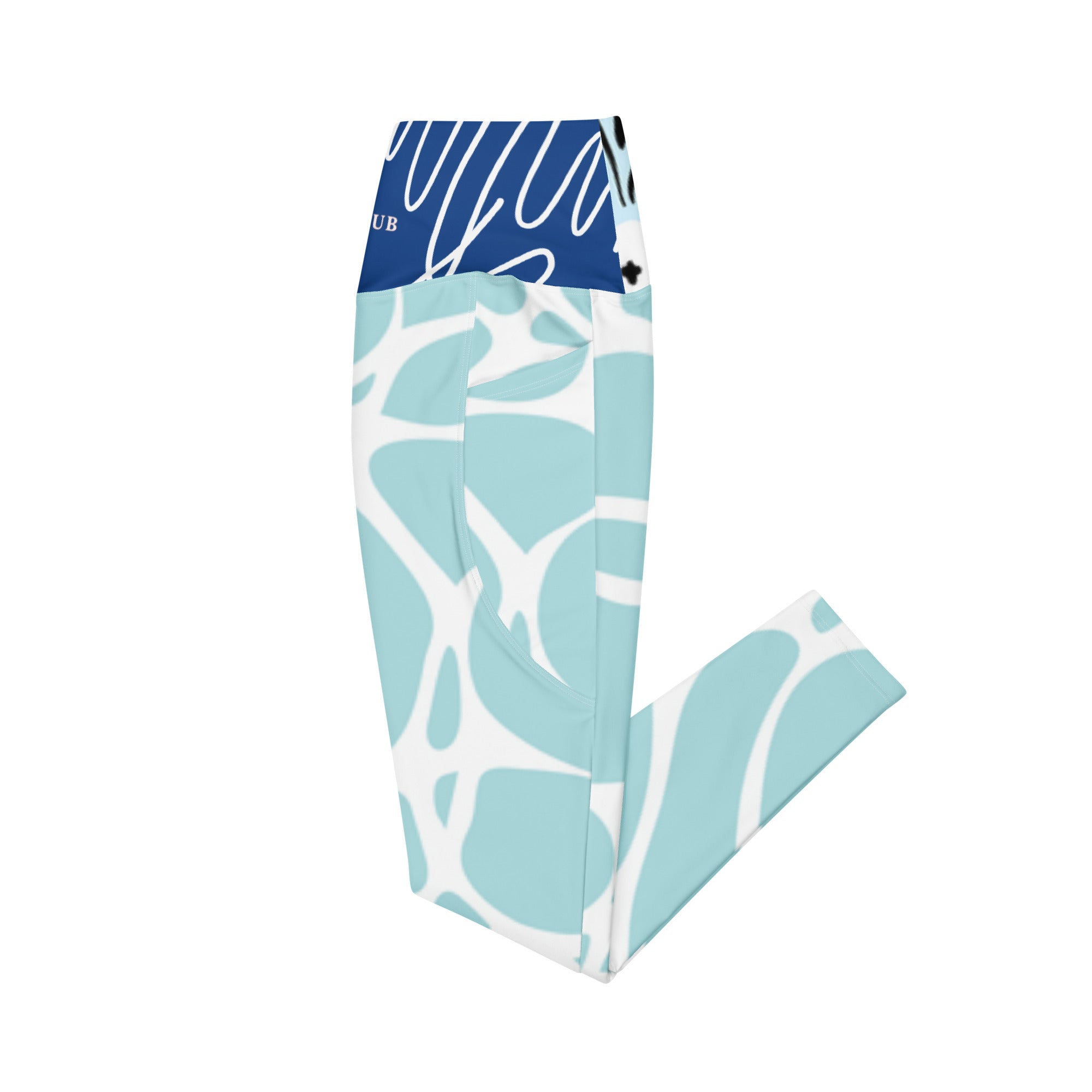 Leggings aqua motif feuilles blanches et touches bleu marine, taille haute, poches latérales.
