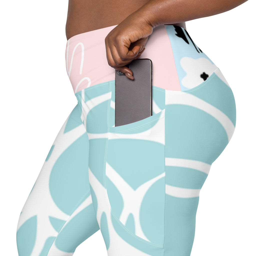 Leggings AQUA PINK turquoise à motif blanc, poche latérale visible