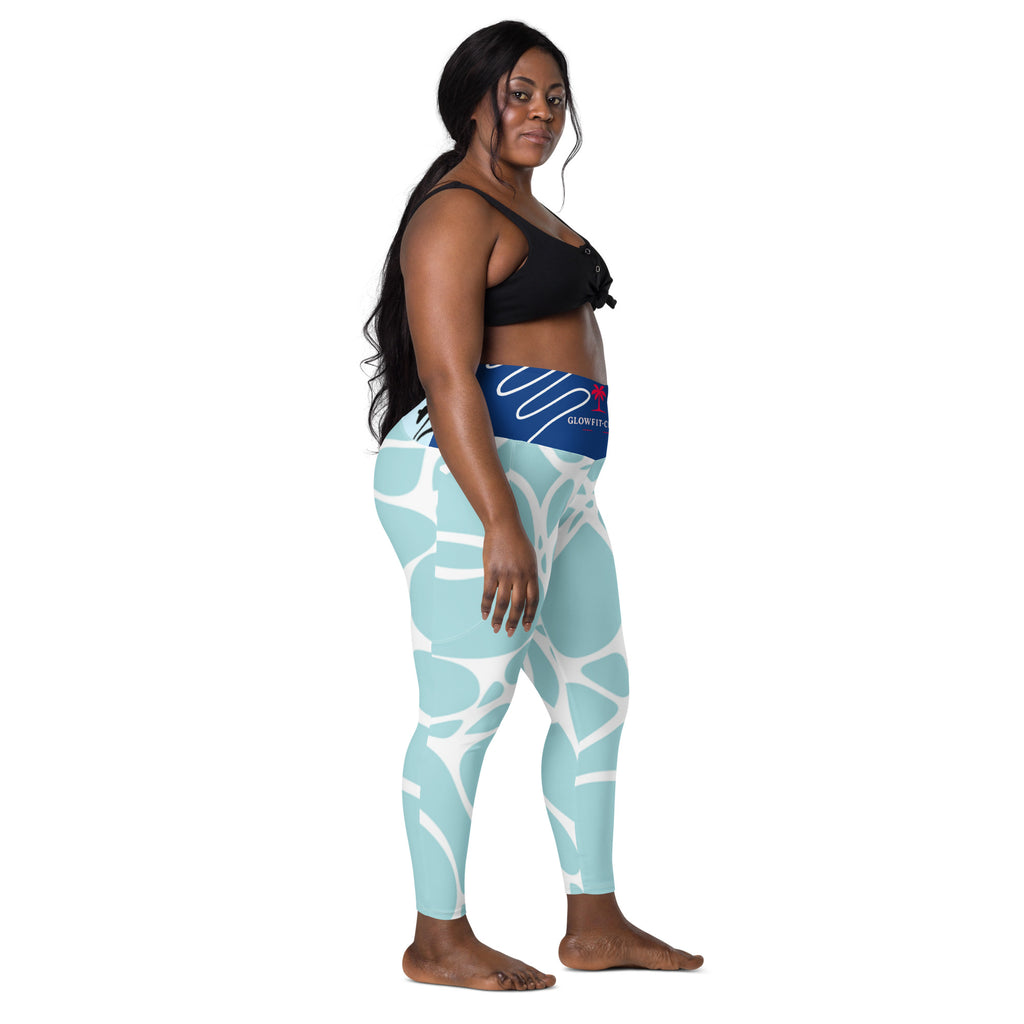 Leggings aqua bleu à poches, motif abstrait blanc, taille haute près du corps