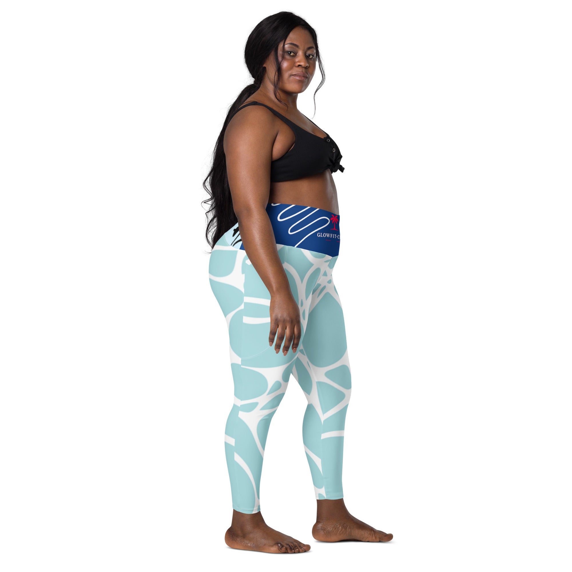 Leggings aqua bleu à poches, motif abstrait blanc, taille haute près du corps