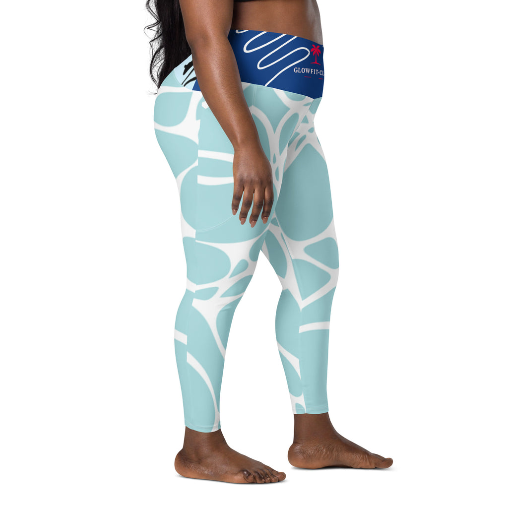 Leggings aqua bleu à poches, motif abstrait blanc, vue bas du corps, coupe près du corps