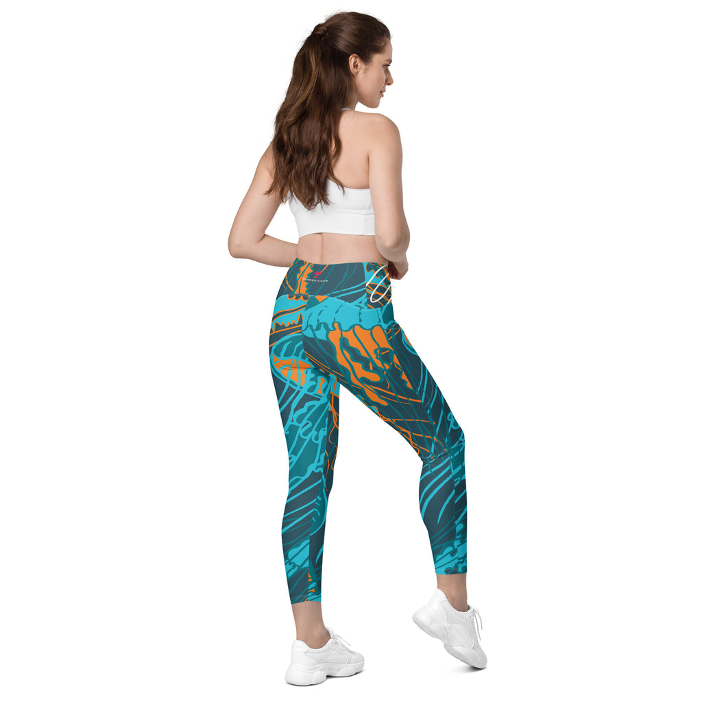 Leggings à poches latérales, motif abstrait bleu turquoise et orange