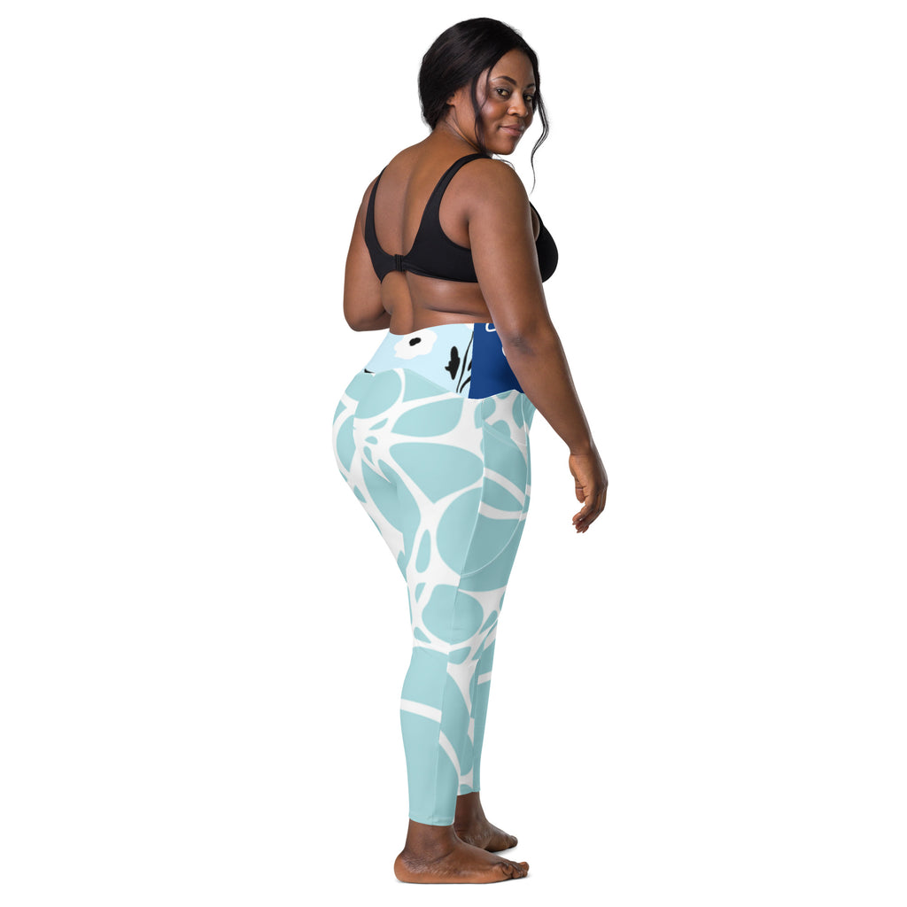 Leggings aqua bleu à poches motif abstrait blanc, vue de côté arrière, jambes ajustées
