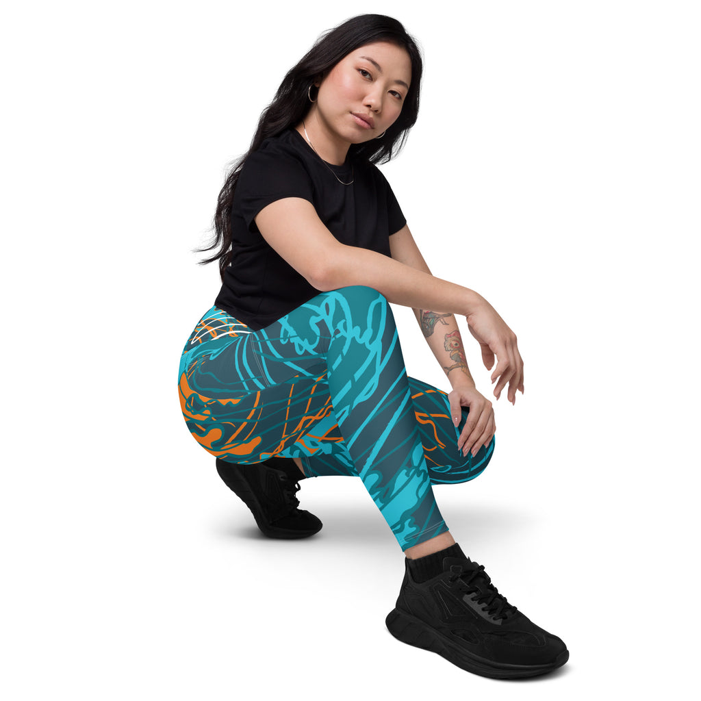Leggings à poches latérales, motif abstrait bleu turquoise et orange