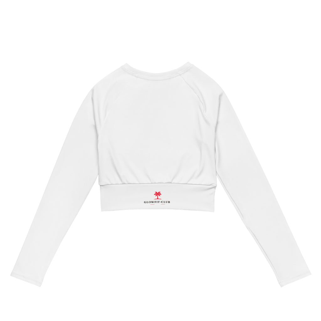 Haut court blanc manches longues, vue dos avec logo rouge centré en bas.