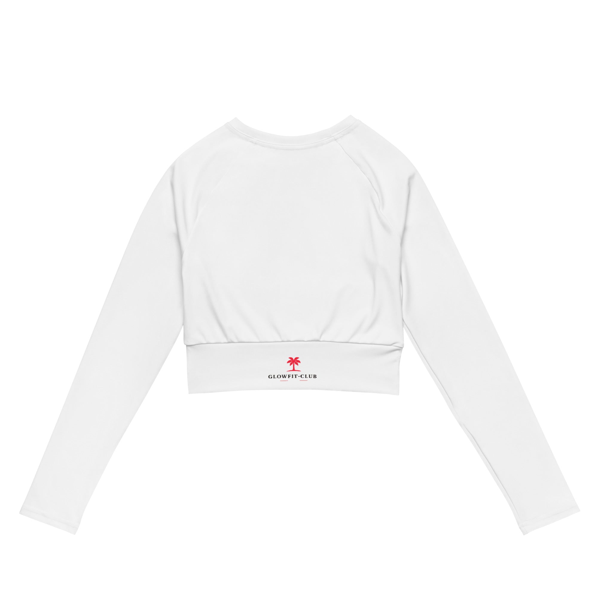 Haut court blanc manches longues, vue dos avec logo rouge centré en bas.