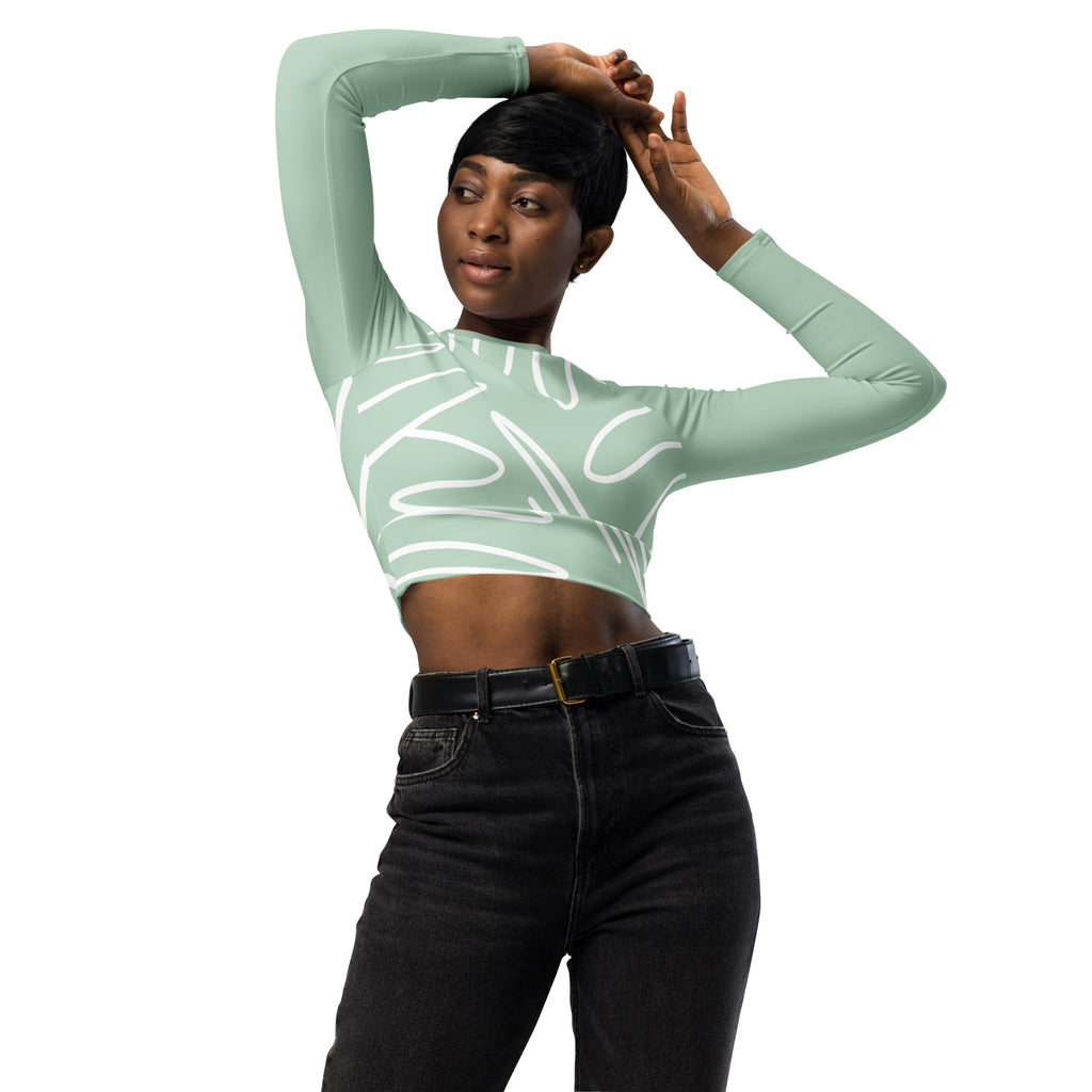 Haut court vert menthe manches longues, col rond, motif blanc abstrait