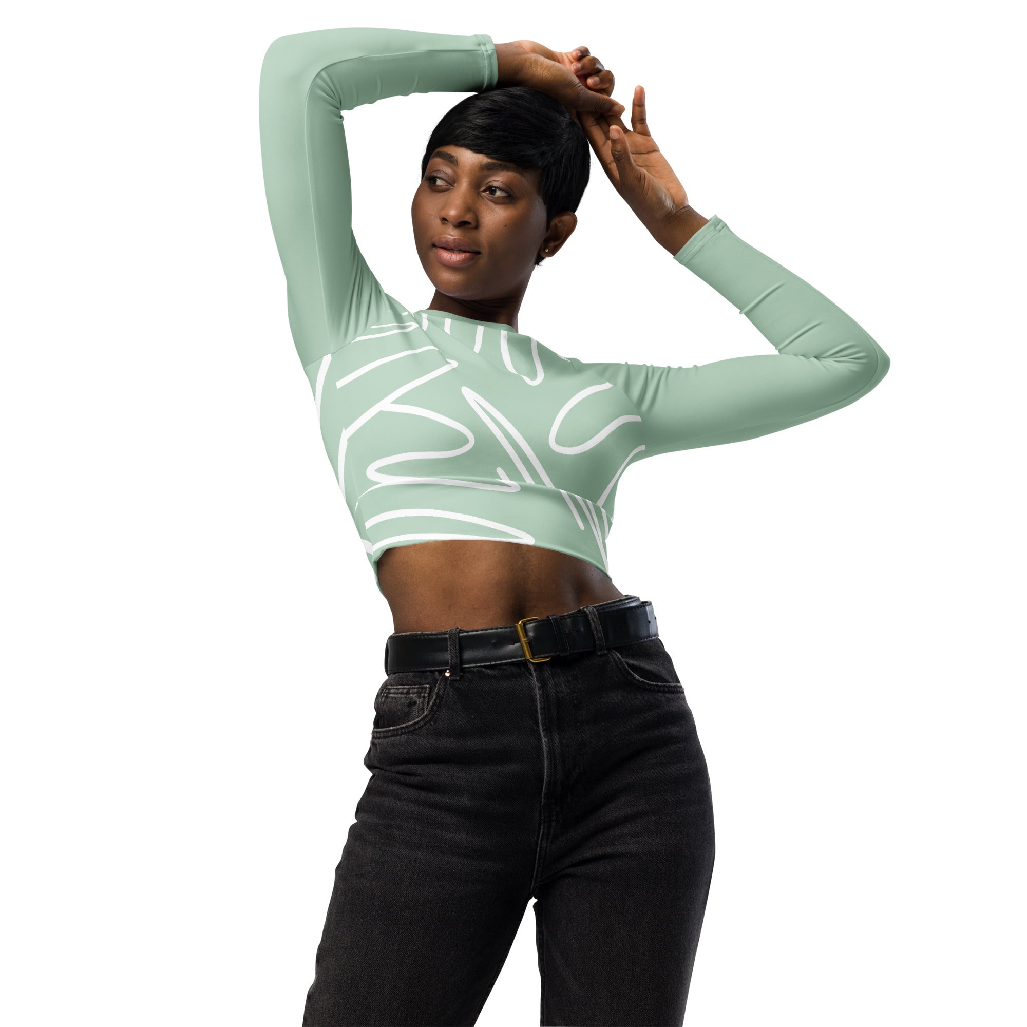 Haut court vert menthe manches longues, col rond, motif blanc abstrait