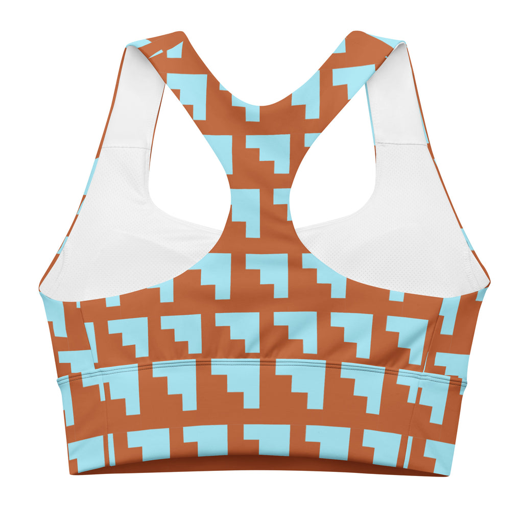Brassière de sport rembourrée motifs géométriques orange et bleu, encolure en U.