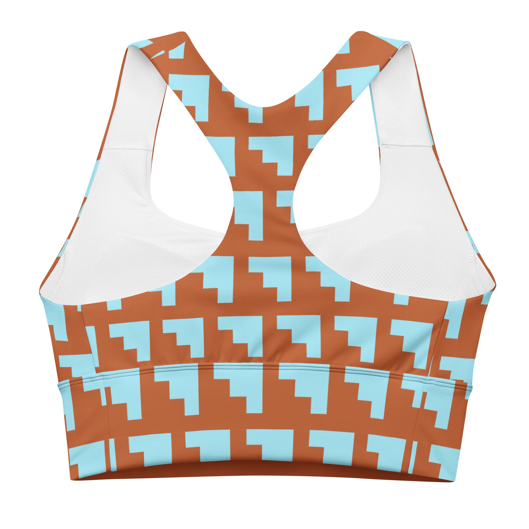 Brassière de sport rembourrée motifs géométriques orange et bleu, encolure en U.
