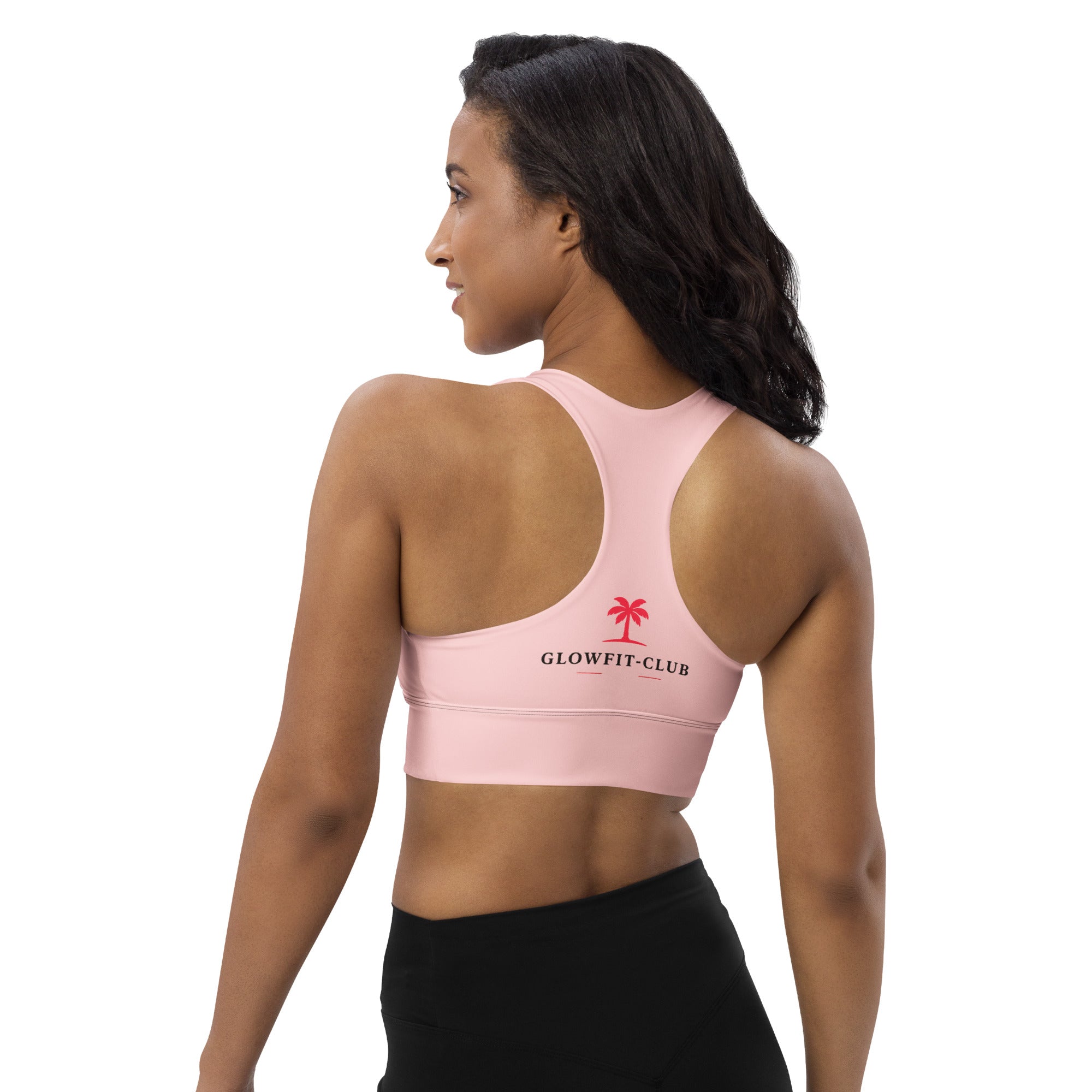 Brassière rose pâle rembourrée vue de dos, maintien avec bretelles et logo