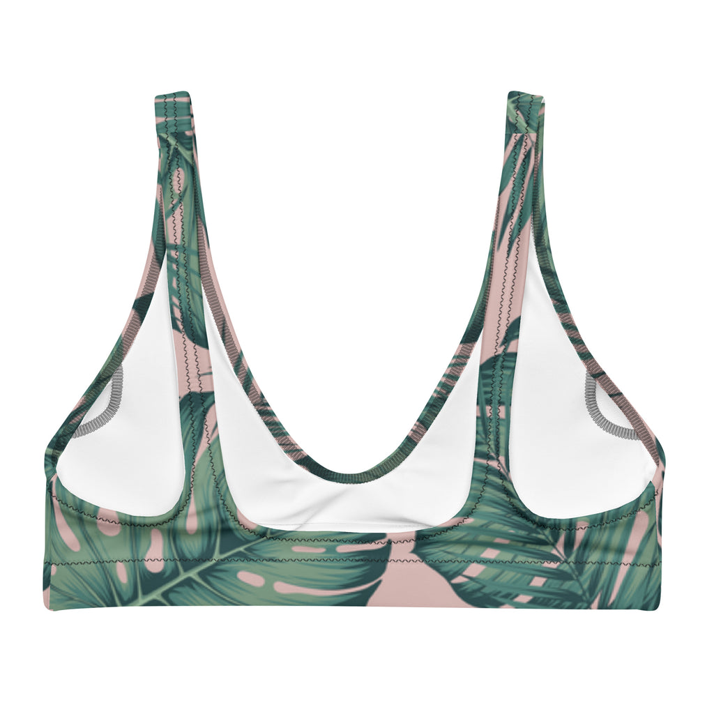Haut de bikini triangle vert et rose au motif feuilles tropicales, bretelles larges.