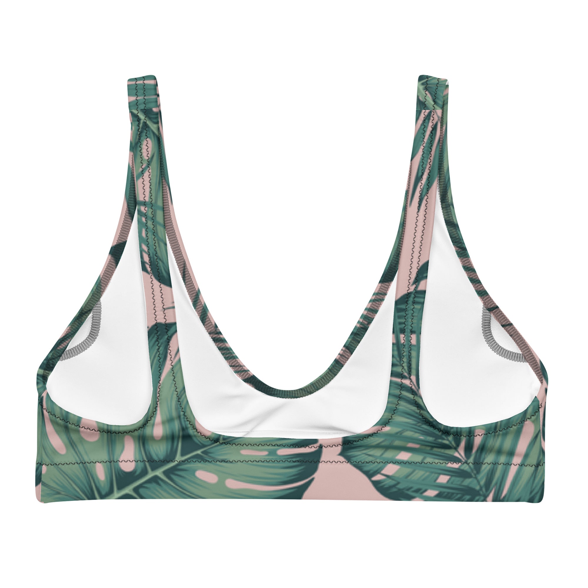 Haut de bikini triangle vert et rose au motif feuilles tropicales, bretelles larges.