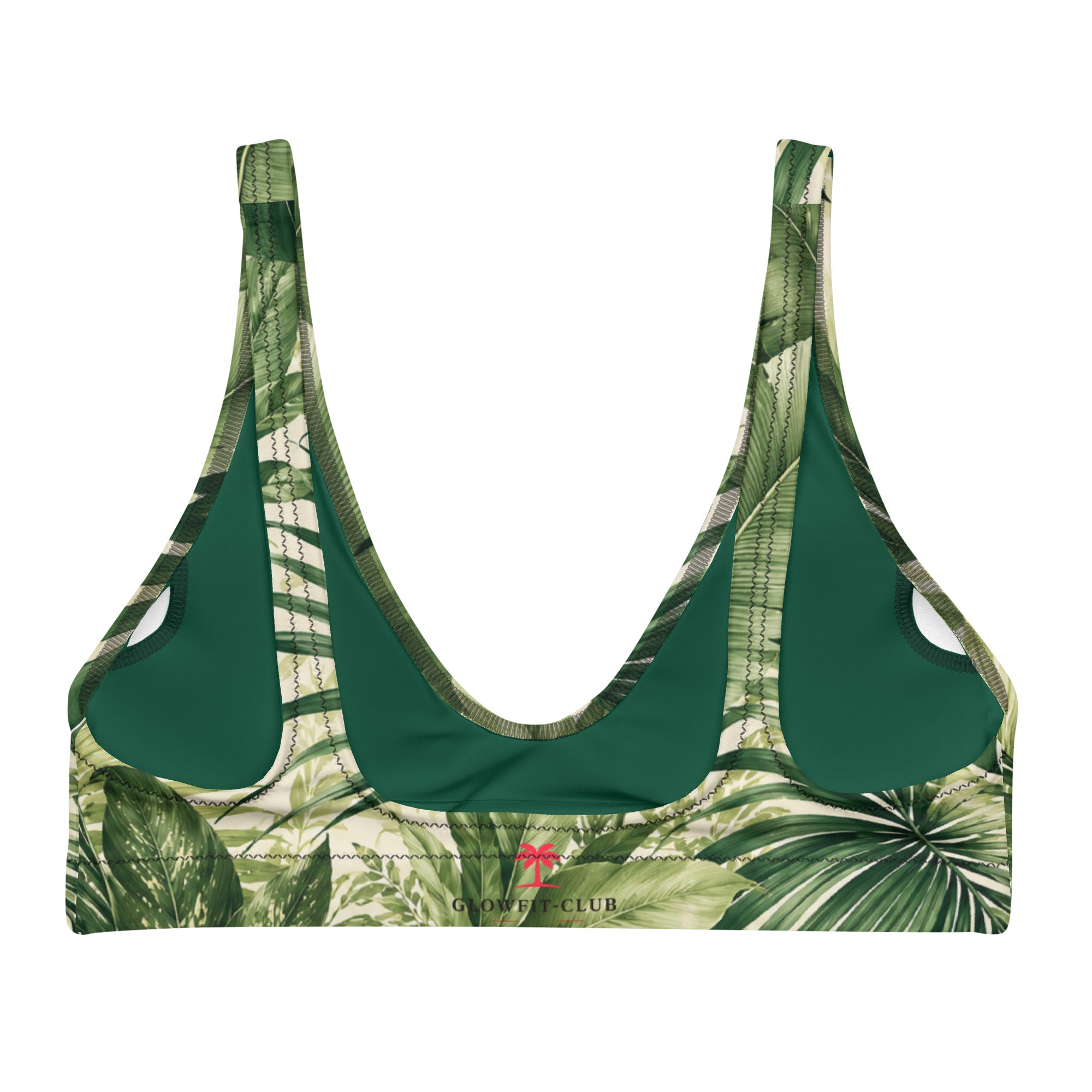 Haut de bikini vert à motifs feuillage, empiècements unis verts, encolure plongeante