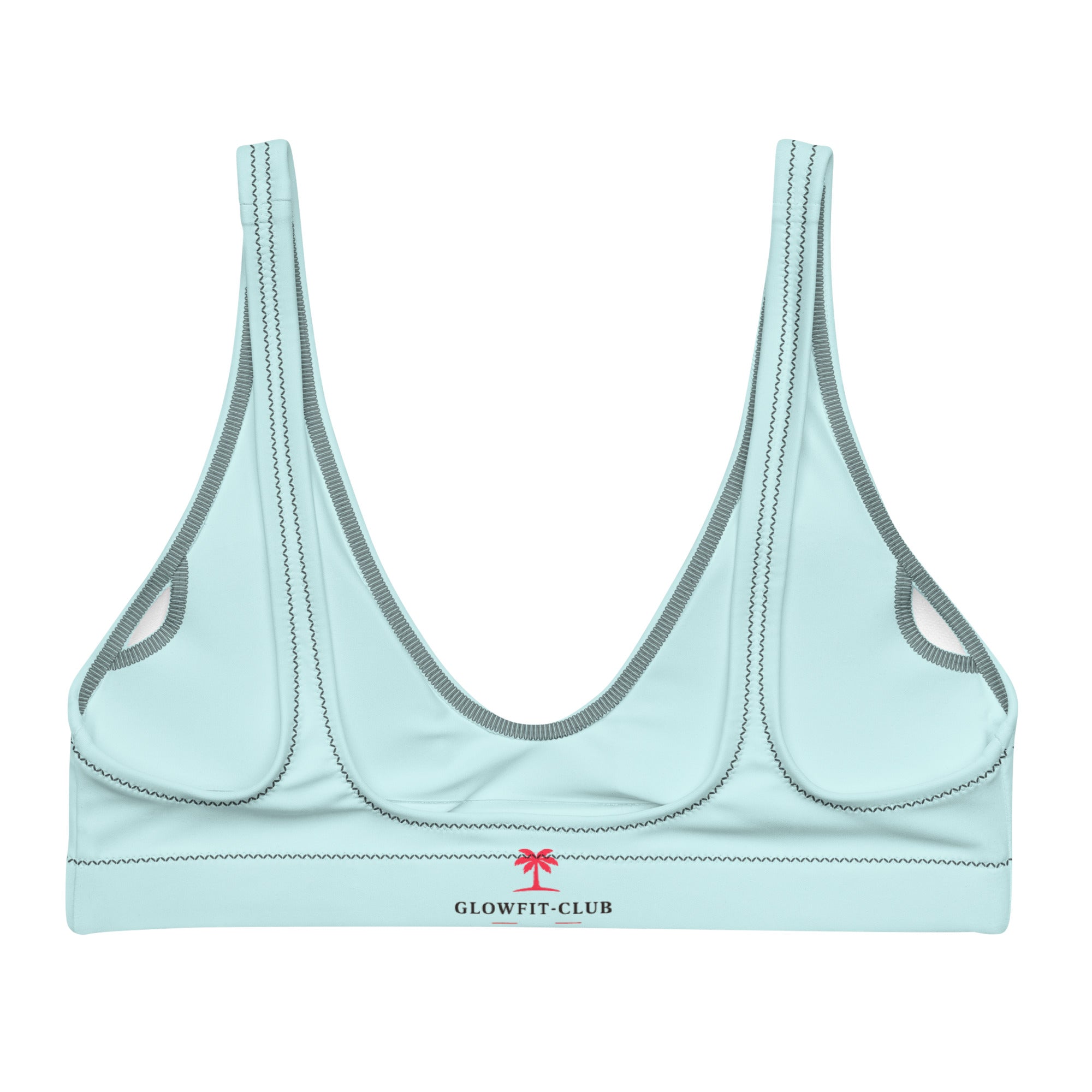 Haut de bikini bleu clair avec logo GLOWFIT-CLUB, bretelles larges et décolleté en V.