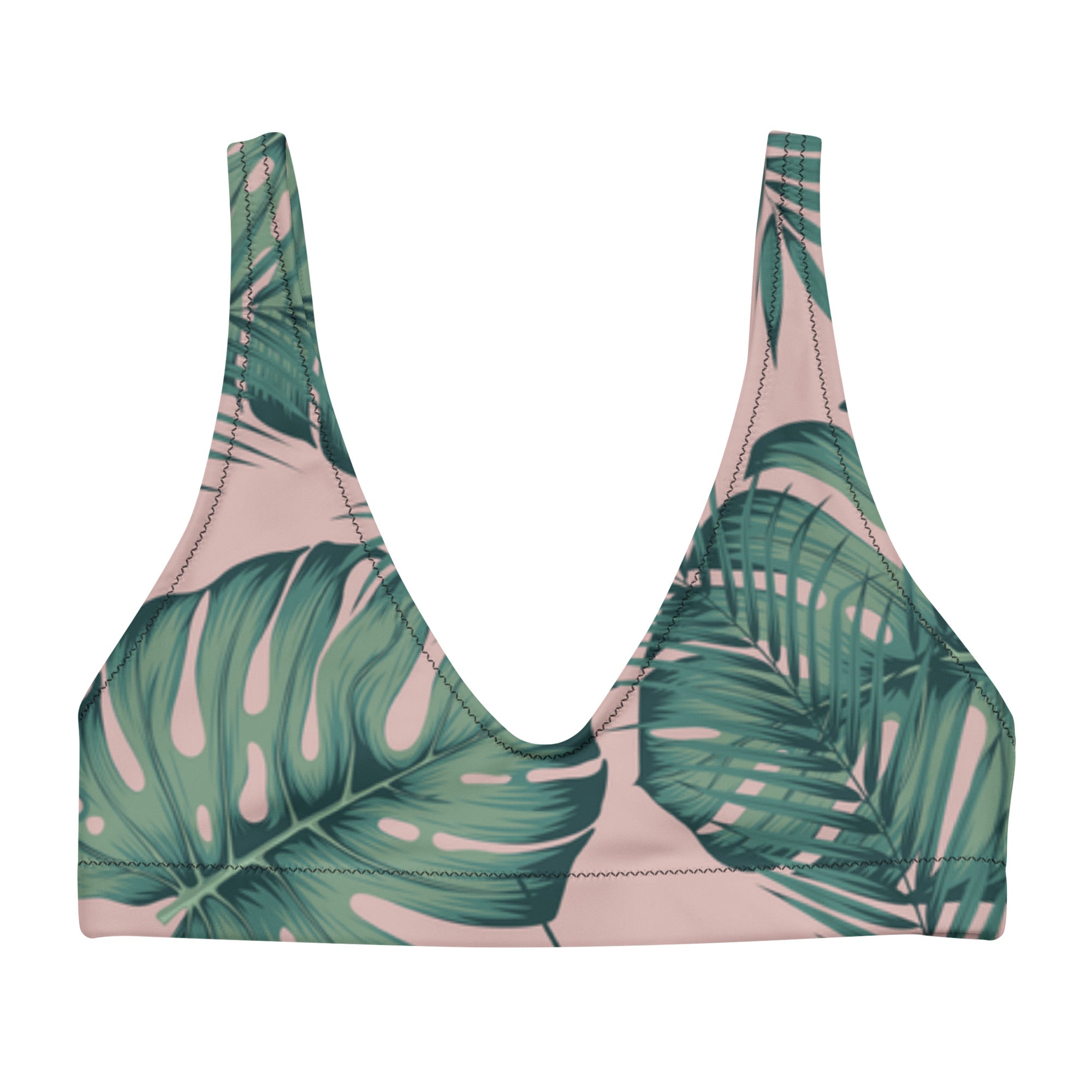 Haut de bikini triangle à armatures, vert et rose motif feuilles tropicales.