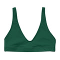 Haut de bikini vert, bretelles larges, encolure en V, tissu uni.