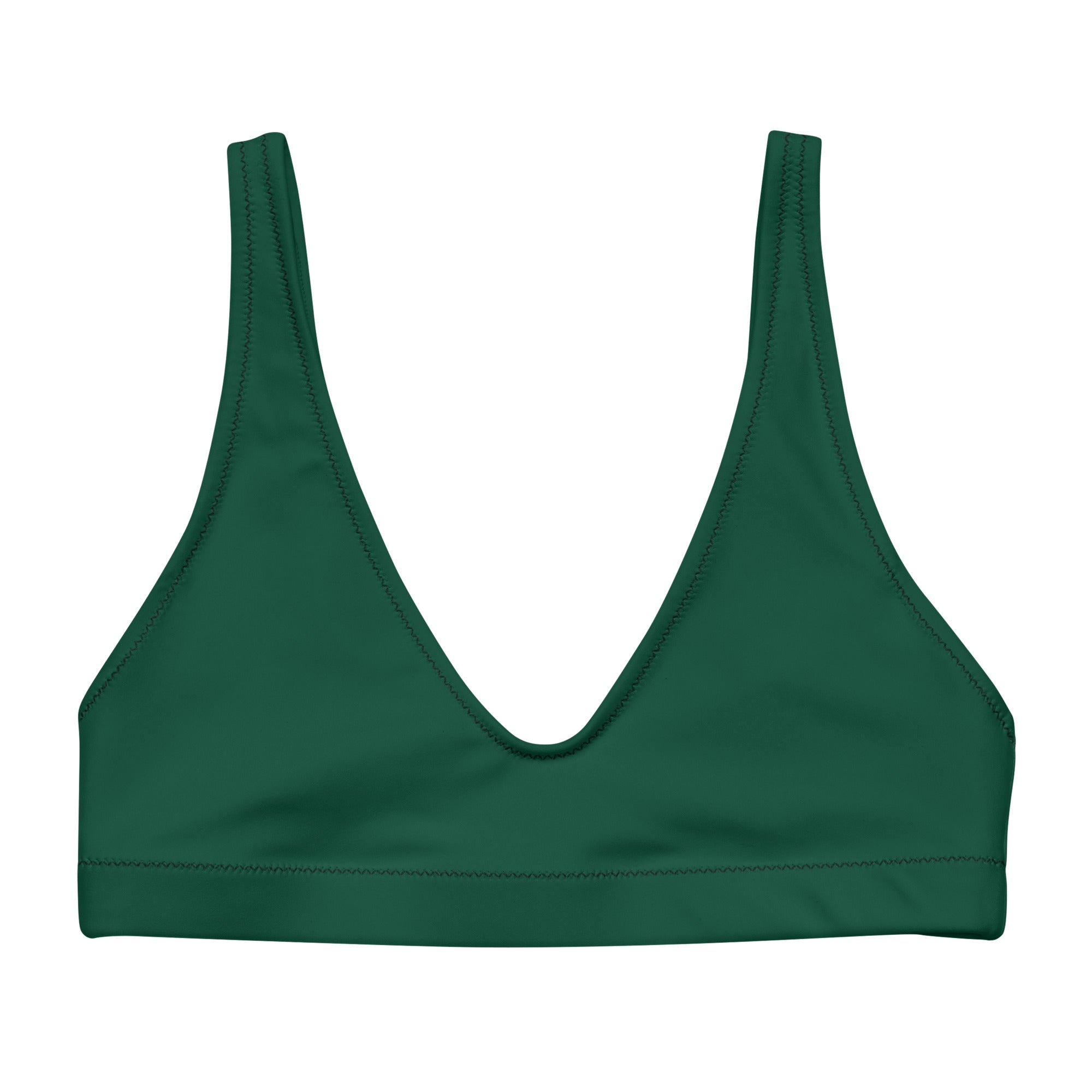 Haut de bikini vert, bretelles larges, encolure en V, tissu uni.