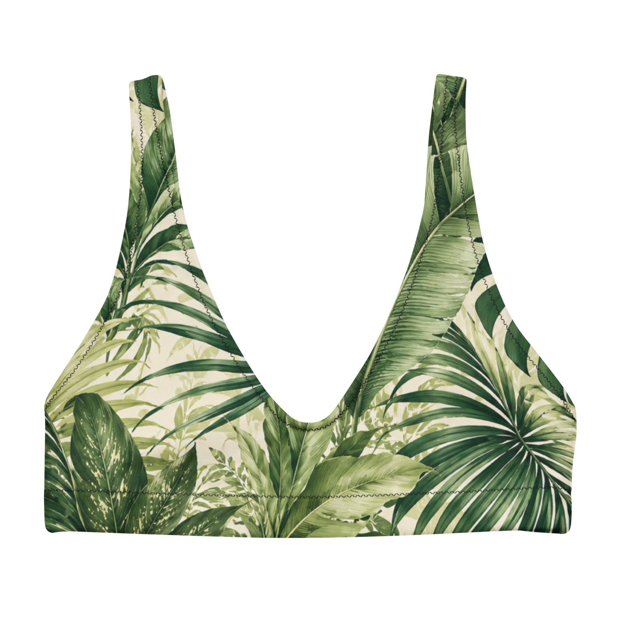 Haut de bikini vert à motifs feuilles tropicales, bretelles larges et encolure échancrée
