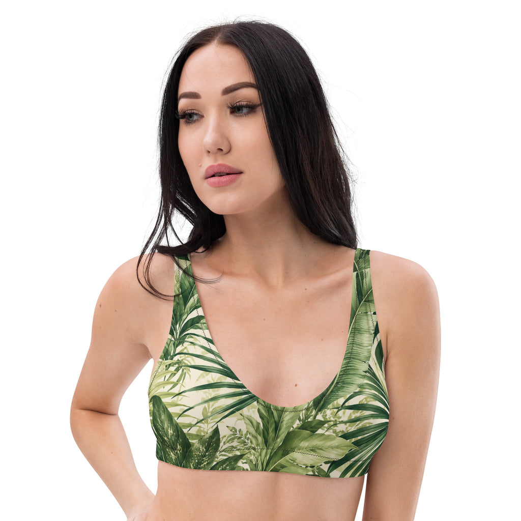 Haut de bikini à motifs feuilles tropicales vert, bretelles larges, encolure dégagée