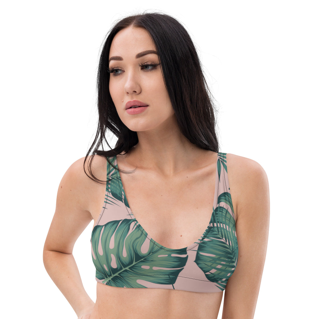 Haut de bikini triangle vert à motif feuilles, bretelles réglables et empiècement rose