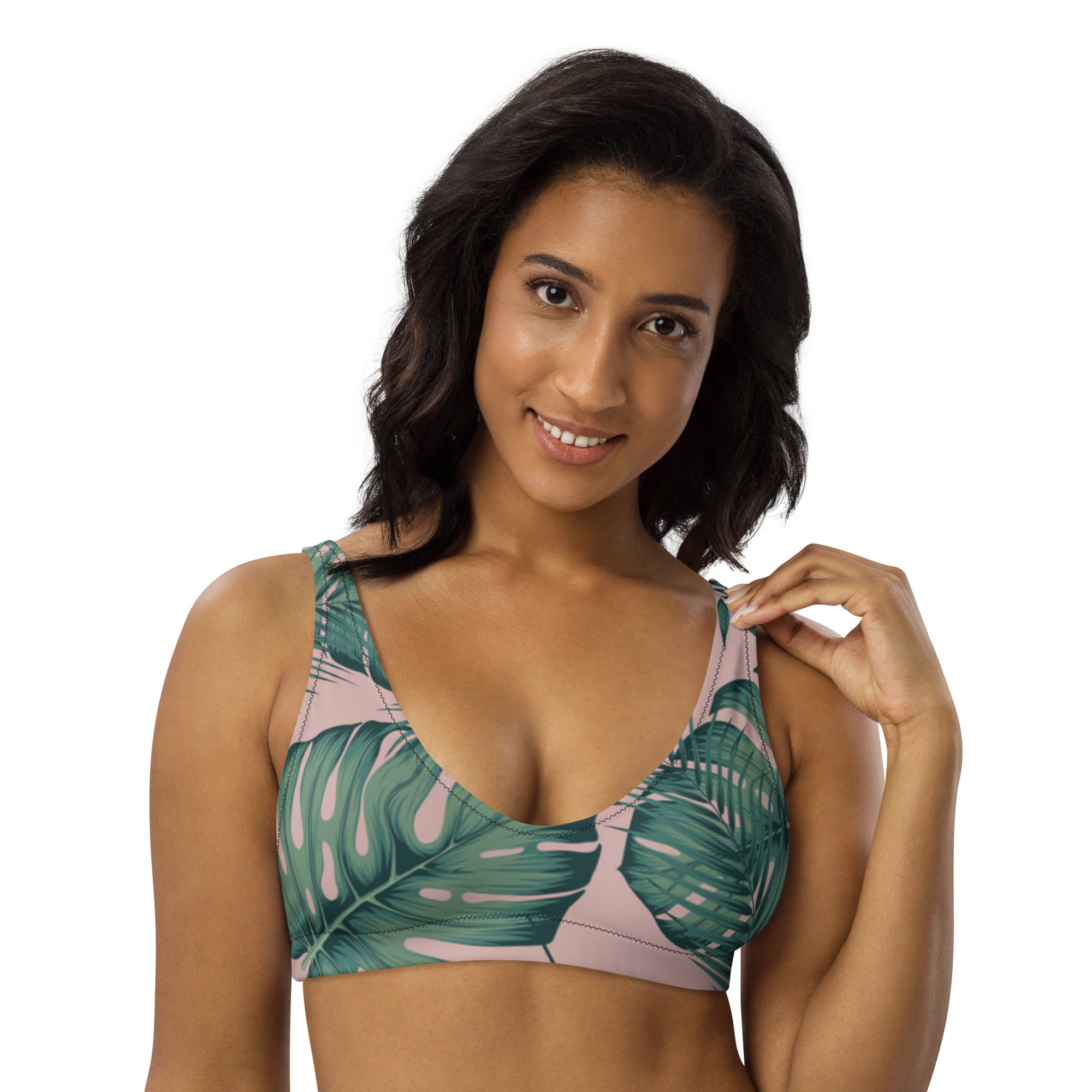 Haut de bikini triangle vert motif palmes, décolleté plongeant, finitions roses