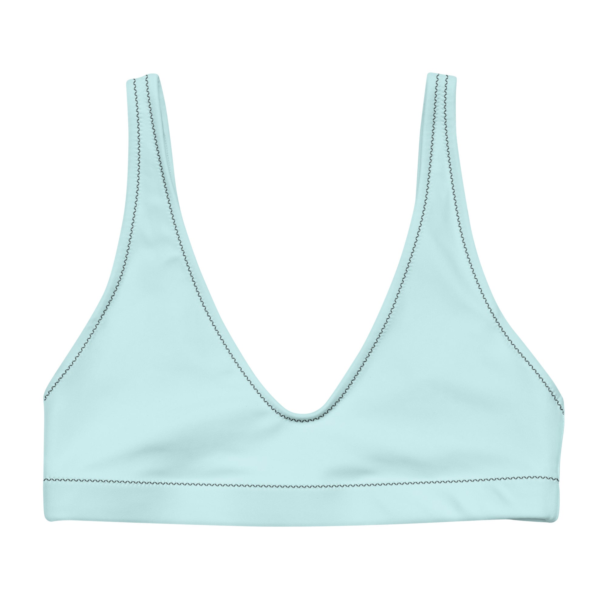 Haut de bikini bleu clair, décolleté en V, bordure contrastée et coutures décoratives.