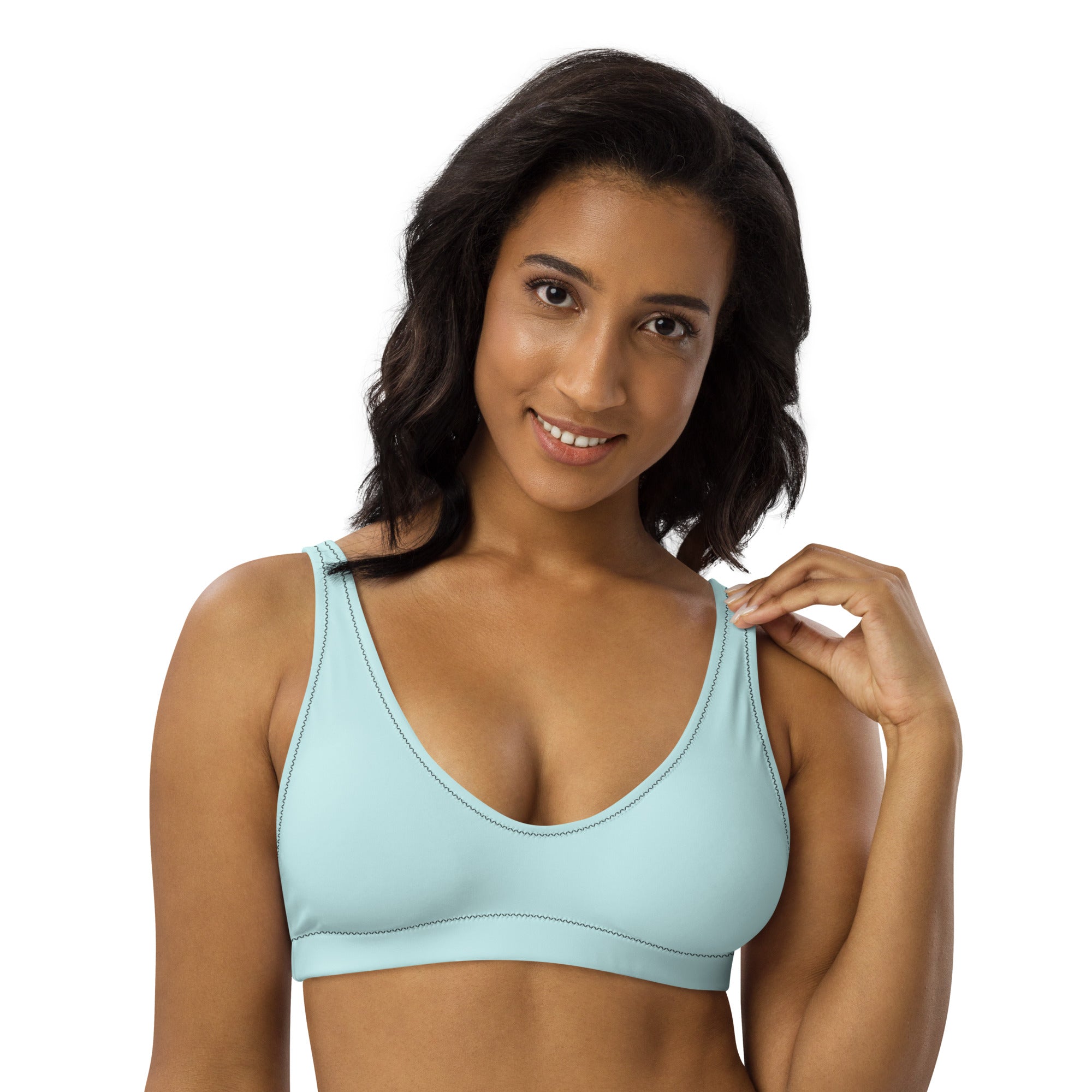Haut de bikini bleu clair à bretelles fines, coupe souple avec maintien.