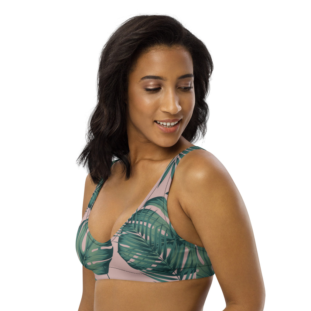 Haut de bikini triangle vert motif tropical, bretelles fines, empiècement rose