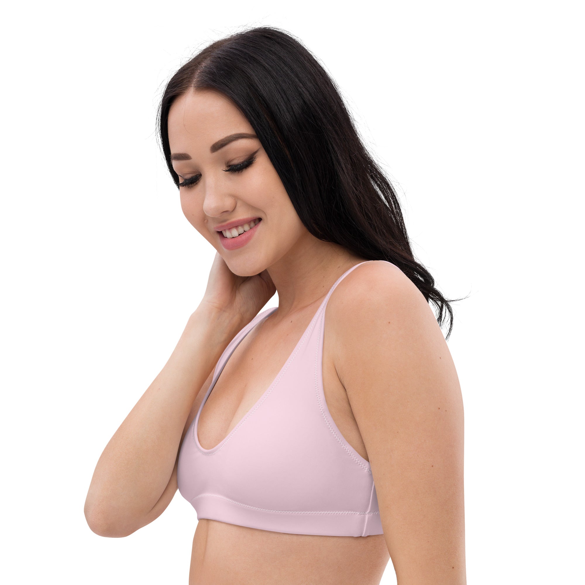 Haut de bikini rose pâle, décolleté plongeant, bretelles fines