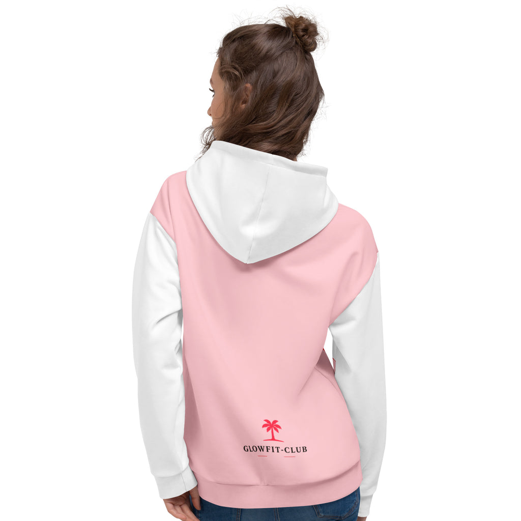 Sweat à capuche rose clair et manches blanches, logo GLOWFIT-CLUB rouge au dos