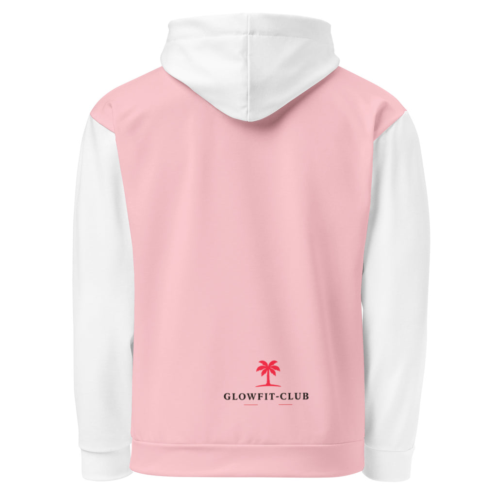 Sweat à capuche rose clair, logo GLOWFIT-CLUB rouge au dos, capuche et manches blanches