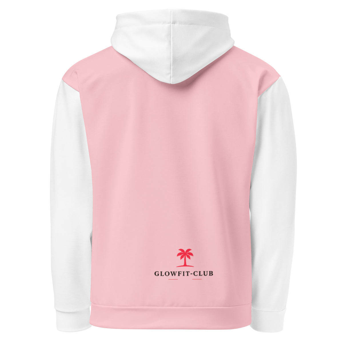Sweat à capuche rose clair, logo GLOWFIT-CLUB rouge au dos, capuche et manches blanches