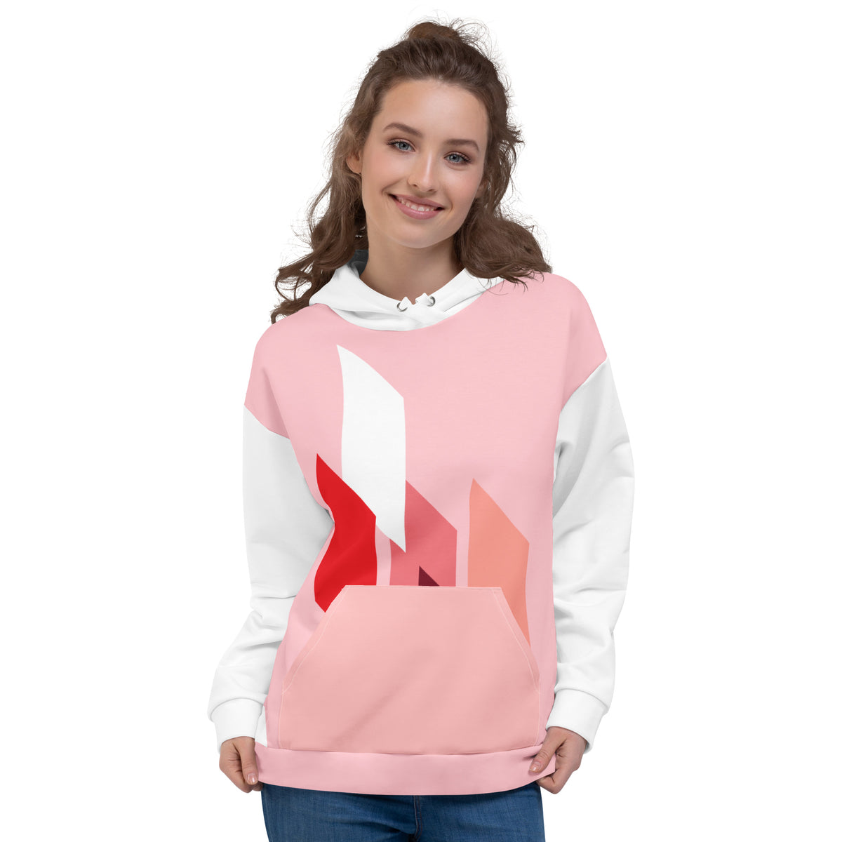 Sweat à capuche rose clair avec impression abstraite rouge et blanc, manches blanches