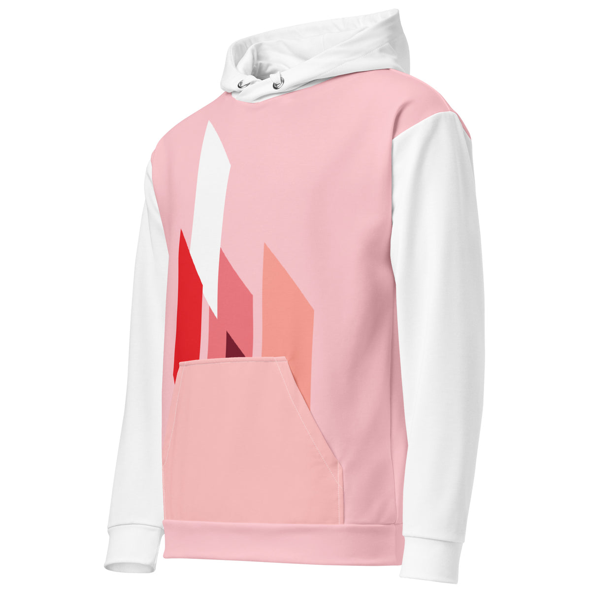 Sweat à capuche rose clair avec grande impression rouge et blocs blancs sur le dos