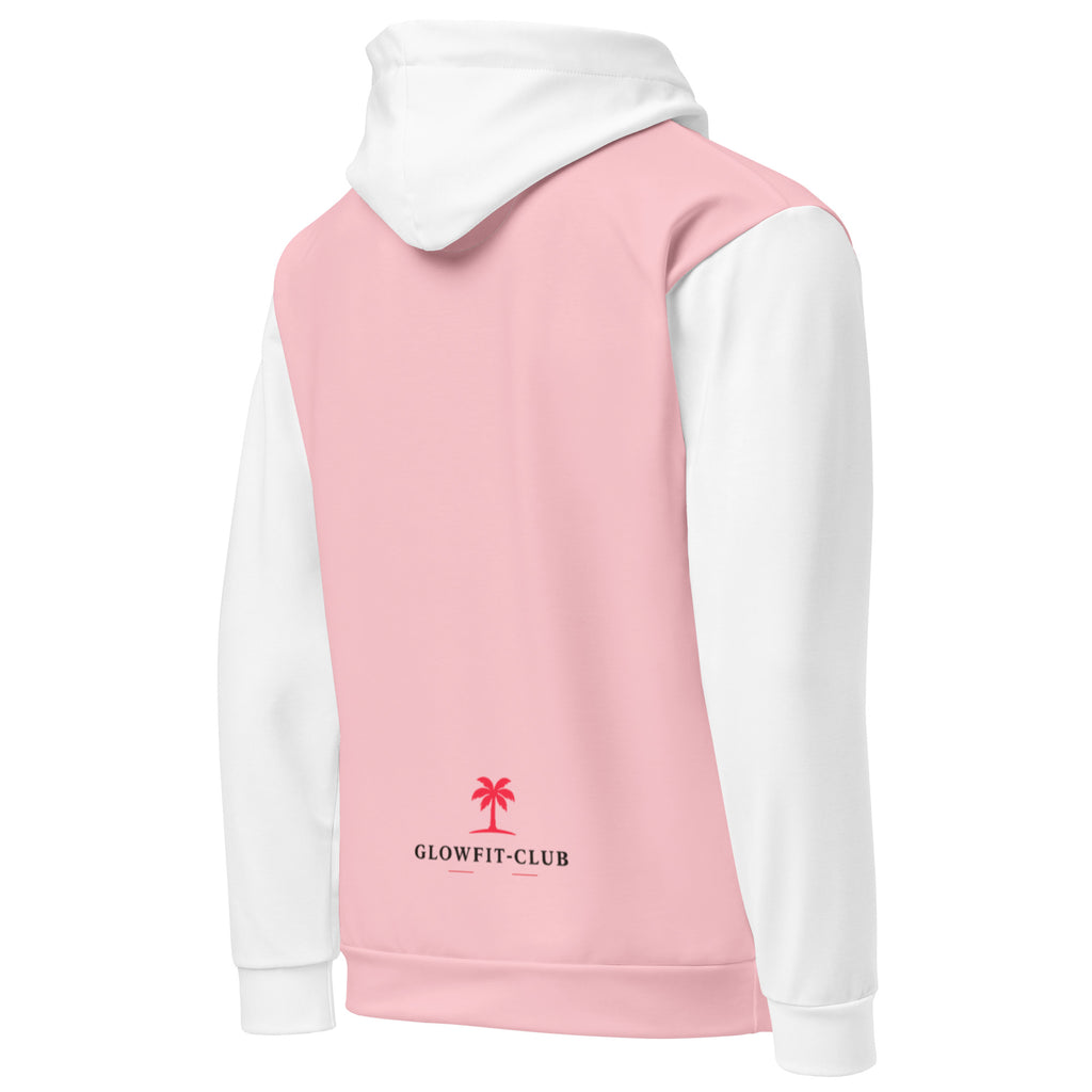 Sweat à capuche rose clair et manches blanches, logo GLOWFIT-CLUB rouge à l’arrière