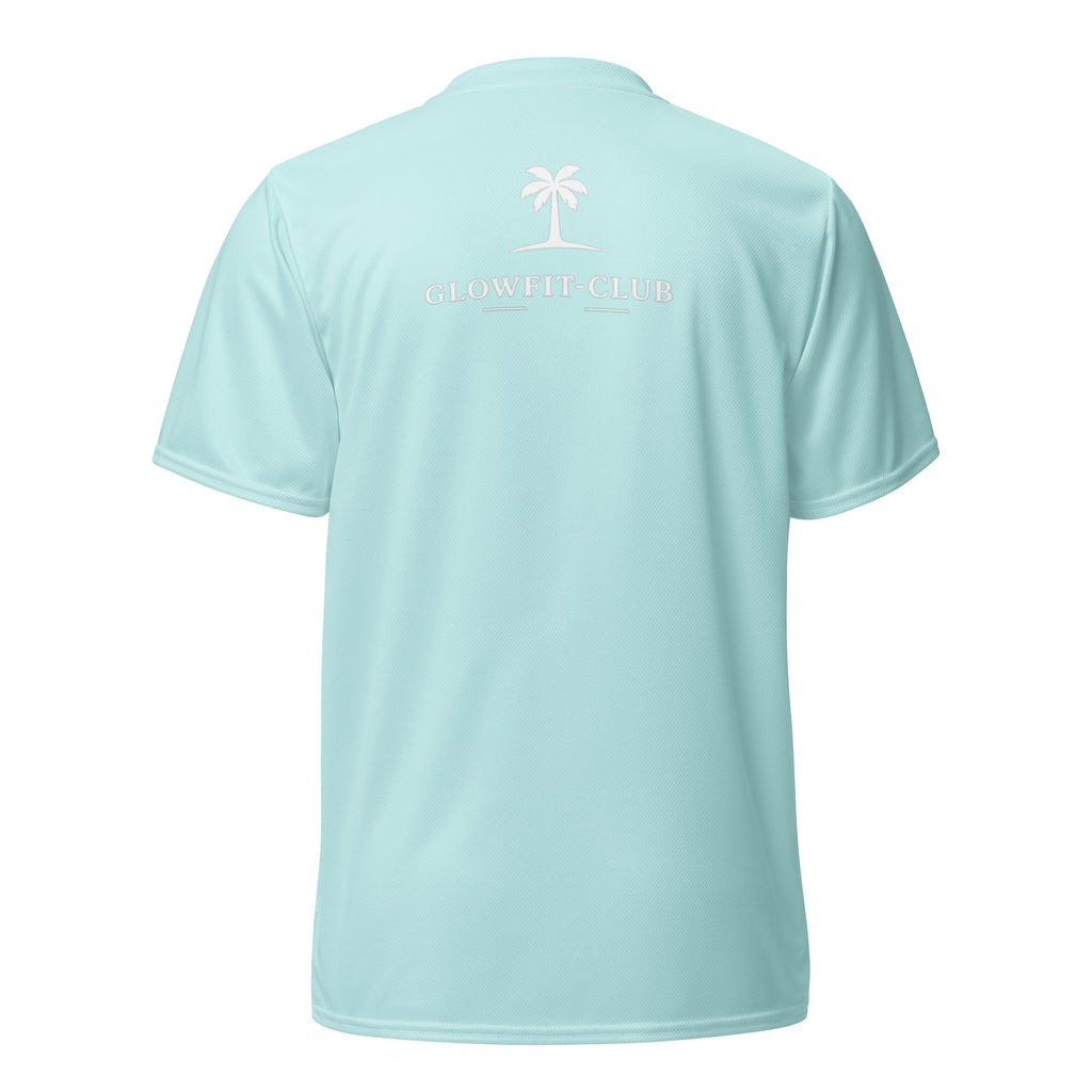 T-shirt homme bleu aqua au dos : logo GLOWFIT CLUB et palmier, manches courtes.