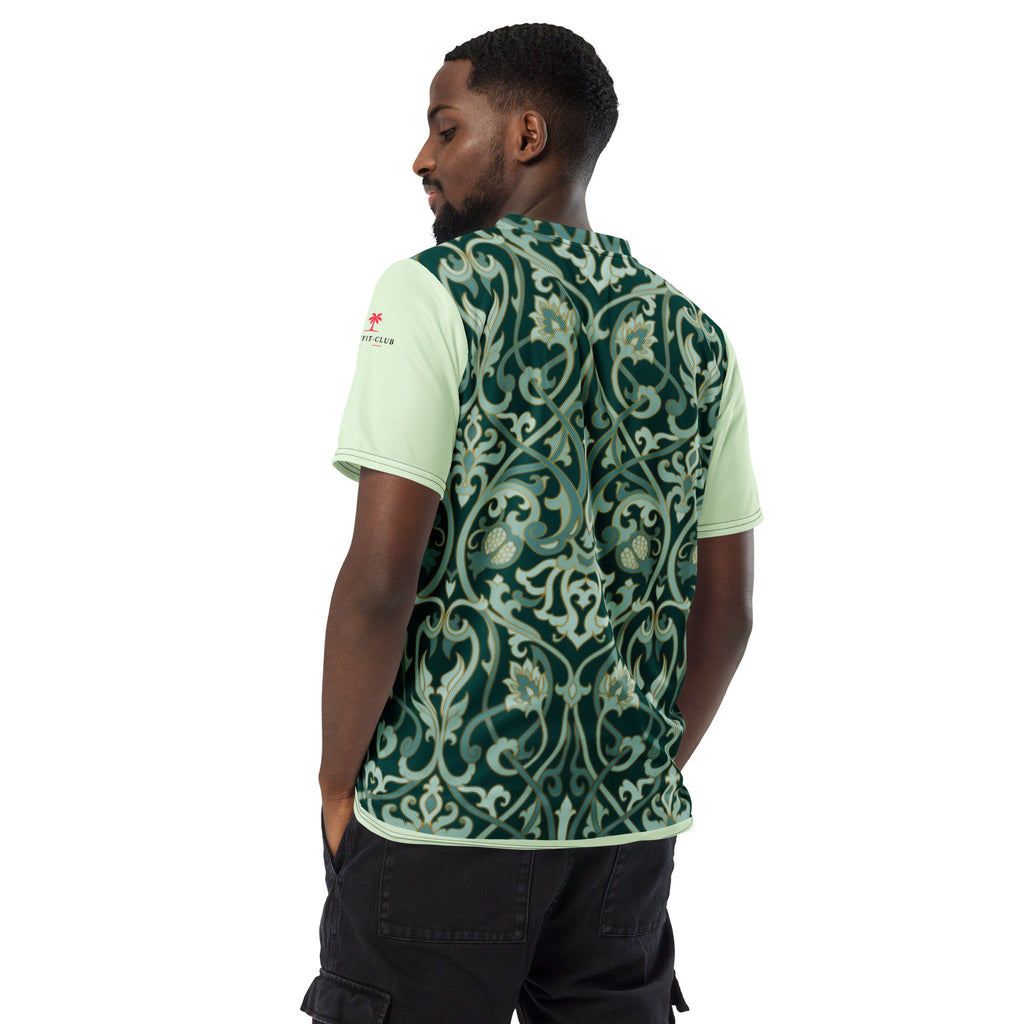 T-shirt homme col rond vert clair motifs baroques verts et beige, manches courtes