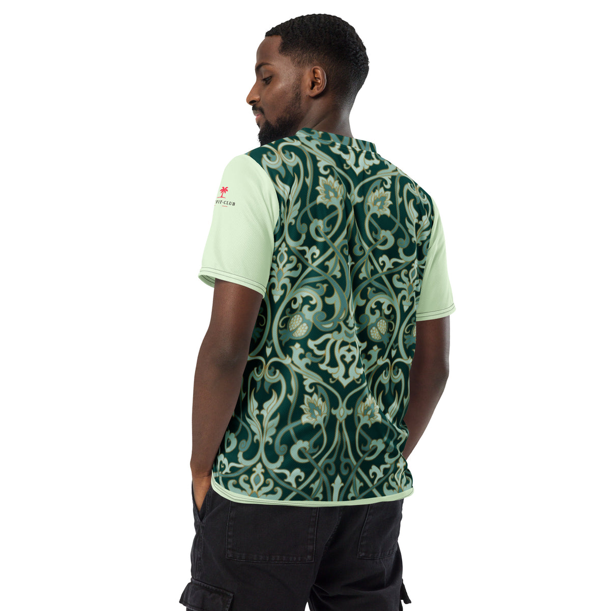 T-shirt homme col rond vert clair motifs baroques verts et beige, manches courtes