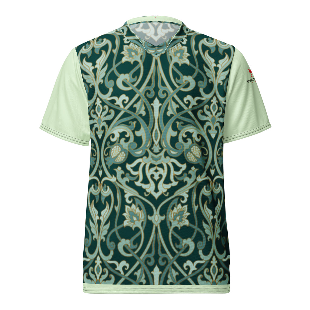 T-shirt homme col rond vert clair motifs baroques verts et beige vue de face, manches courtes