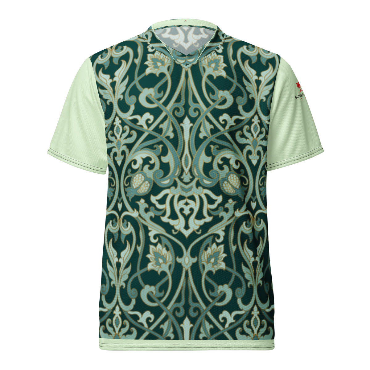 T-shirt homme col rond vert clair motifs baroques verts et beige vue de face, manches courtes