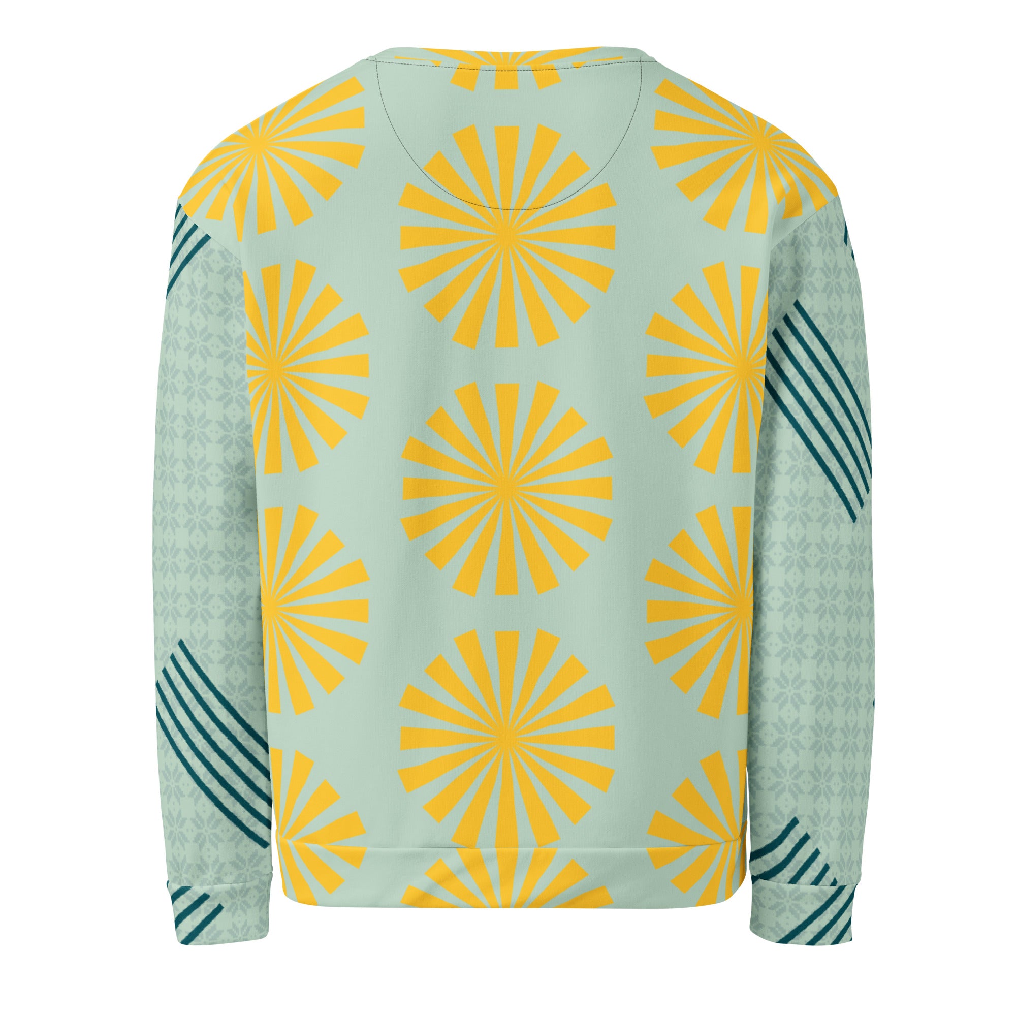 Sweat-shirt bleu clair à motifs fleurs jaunes, vue dos, manches longues avec rayures vert foncé.