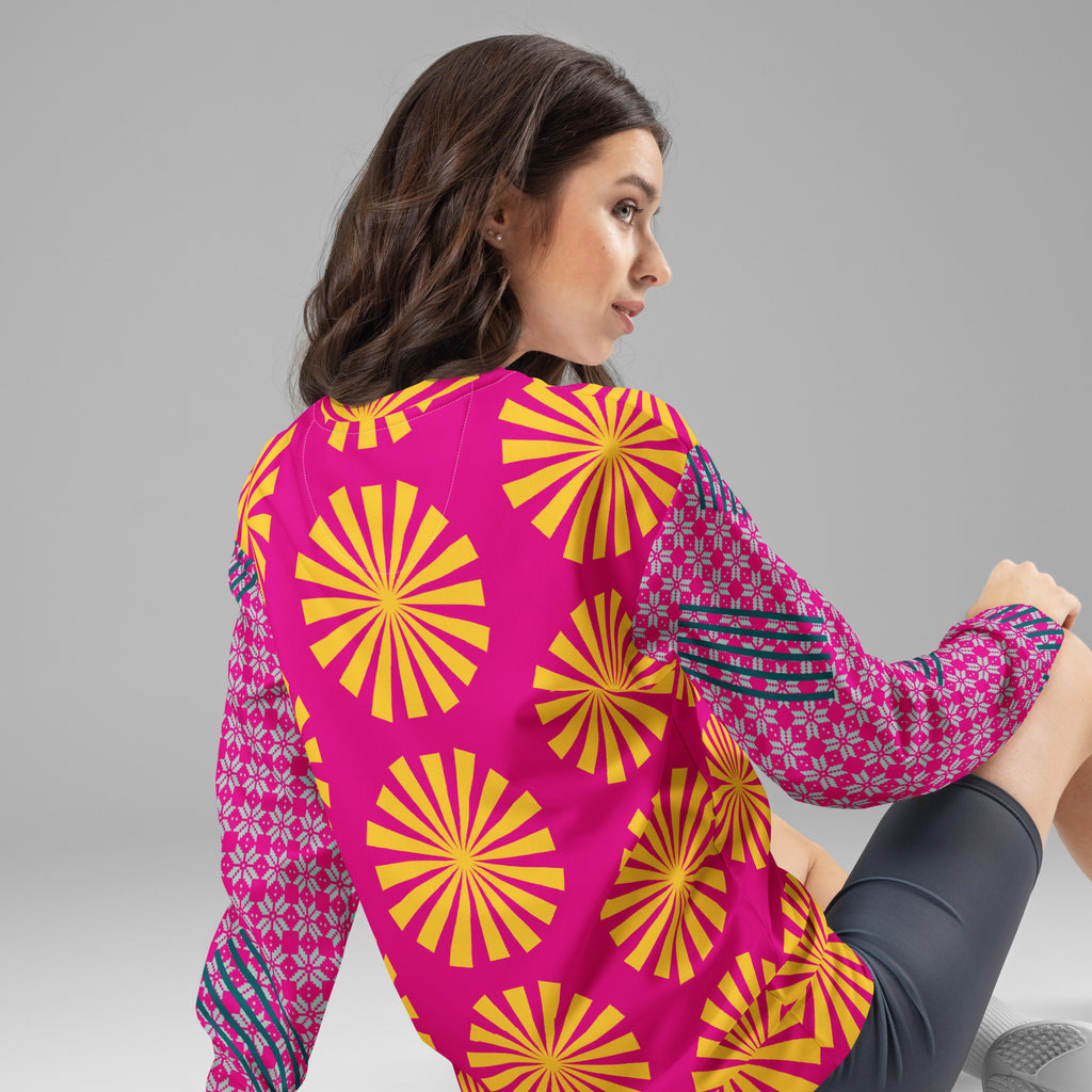 Sweat-shirt fuchsia à motifs éventails jaunes, manches contrastées rose et bleu