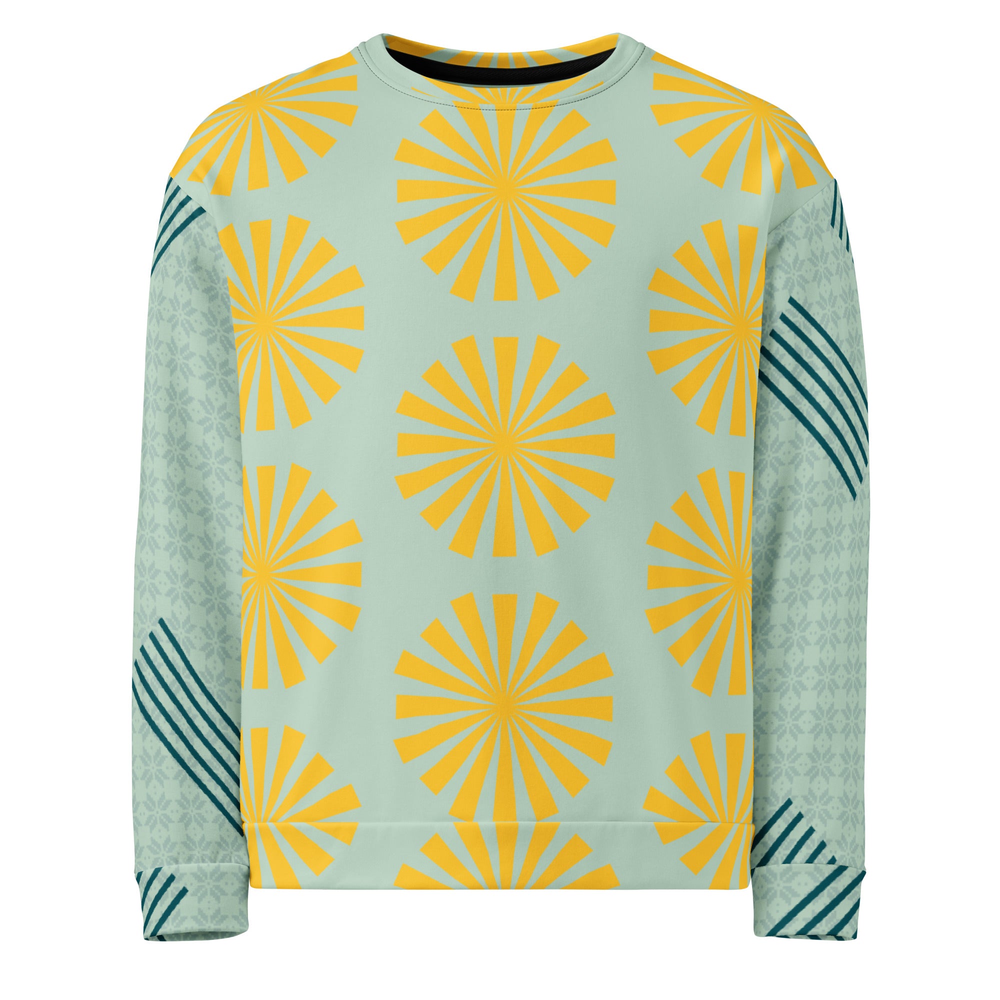 Sweat-shirt bleu clair à motifs fleurs jaunes, manches longues avec empiècements rayés vert foncé.
