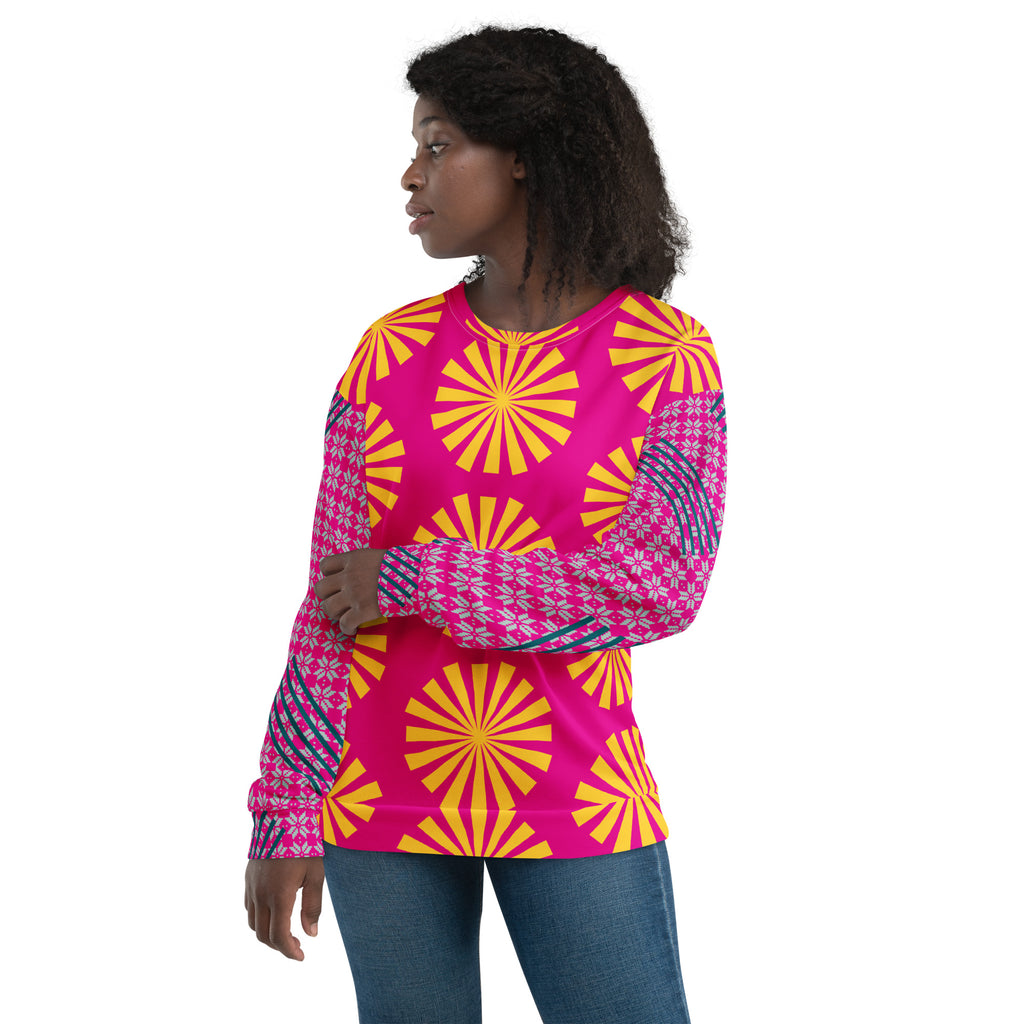 Sweat-shirt fuchsia manches longues à motifs éventails jaune, bleu et rose