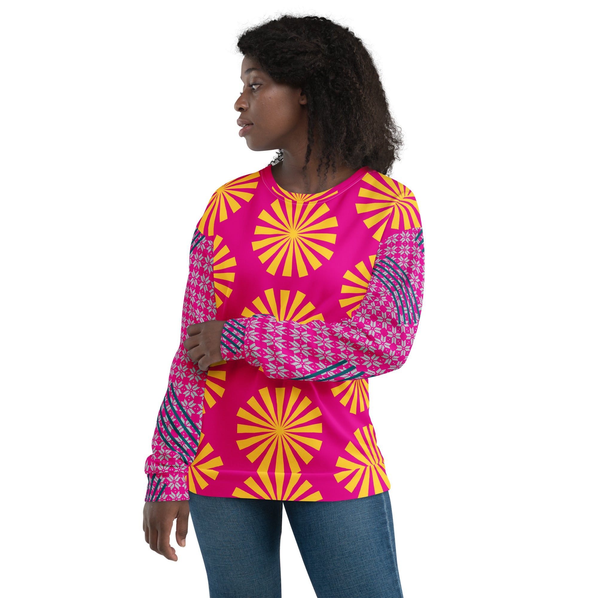 Sweat-shirt fuchsia manches longues à motifs éventails jaune, bleu et rose