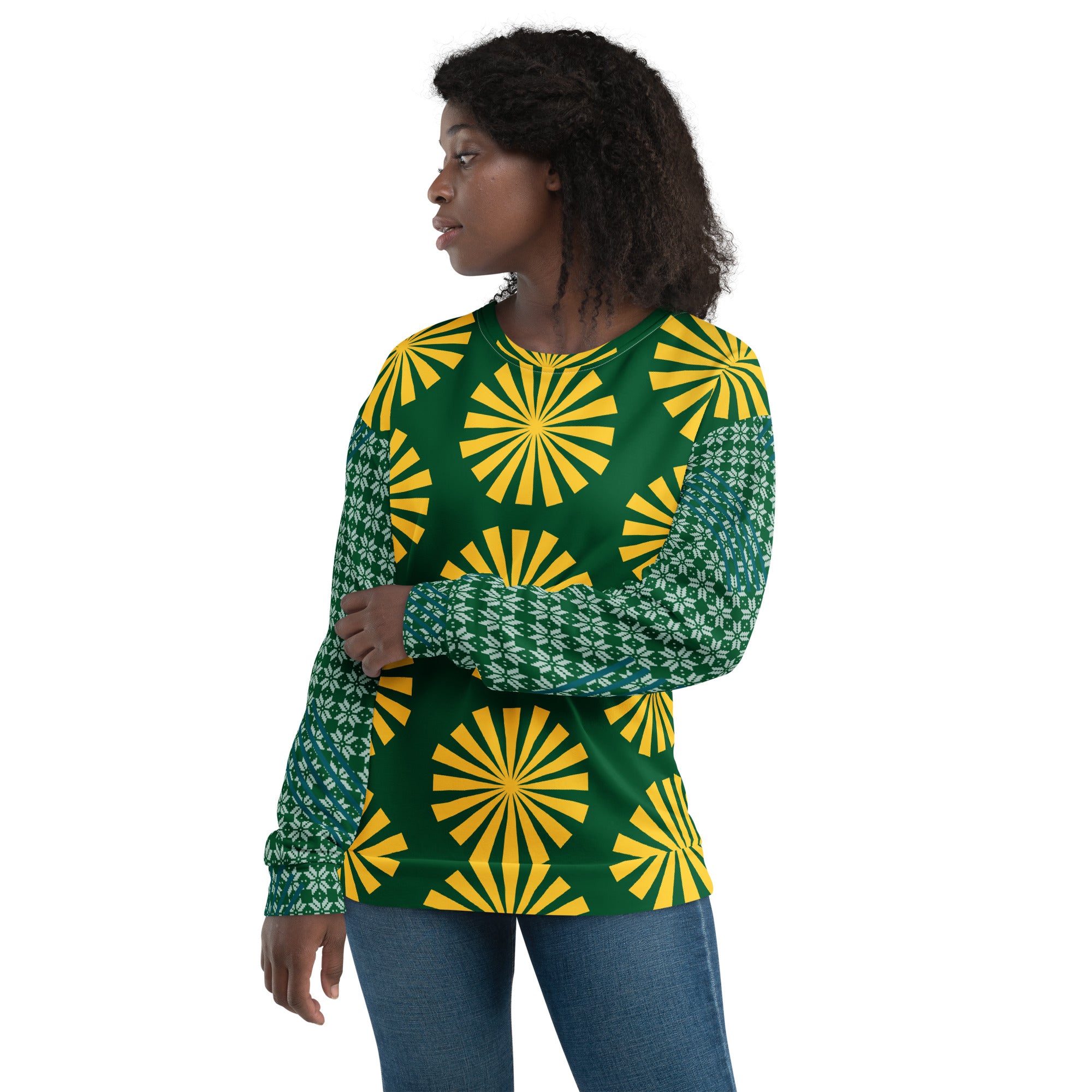 Haut de sweat vert à manches longues, imprimé jaune et motifs circulaires