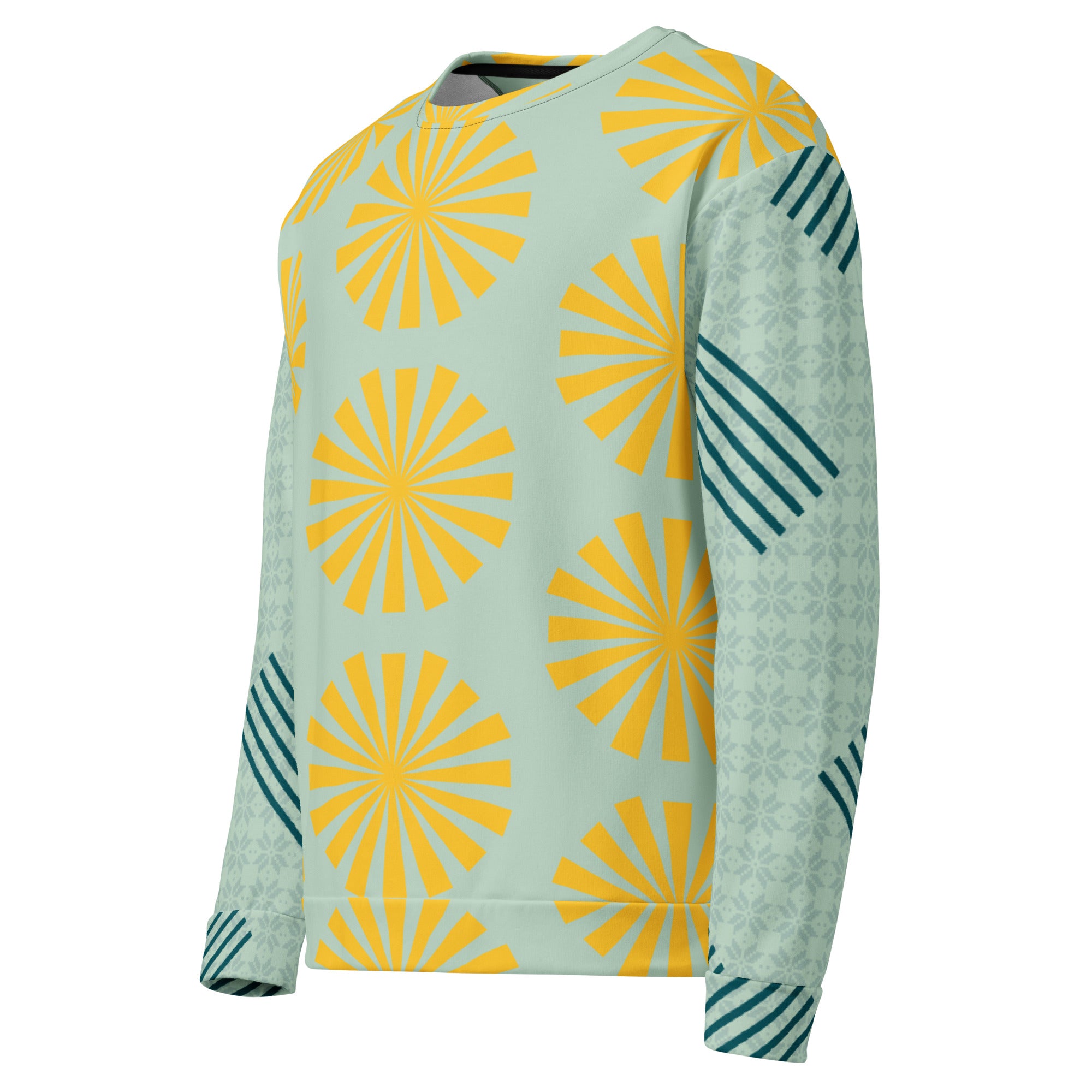 Sweat-shirt bleu clair à motifs fleurs jaunes, côté manches longues avec empiècement rayé vert foncé.