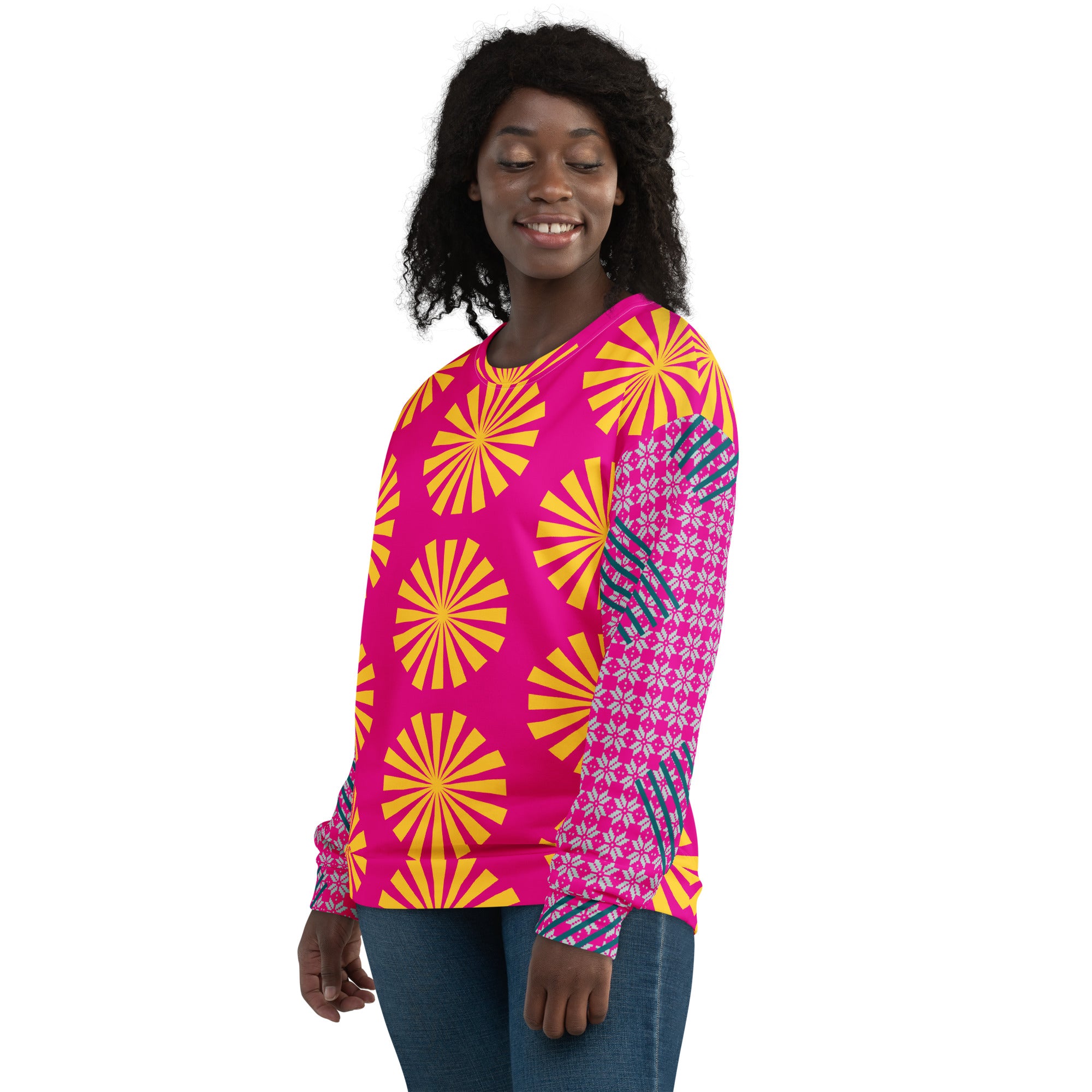 Sweat-shirt fuchsia manches longues à motifs éventails jaune et détails rose-bleu